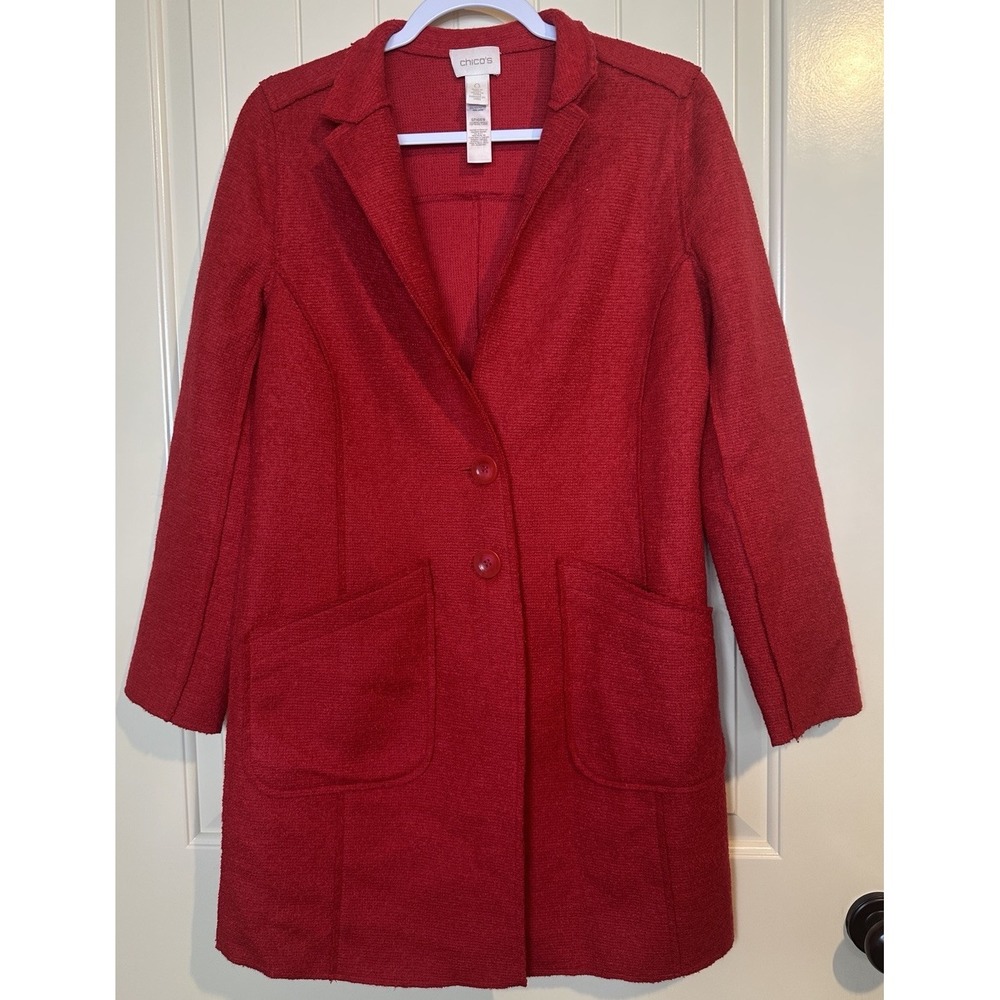 Chico's Wool Blend long Jacket Coat Red Cardigan Sweater Sz 0 4 2 button GUC